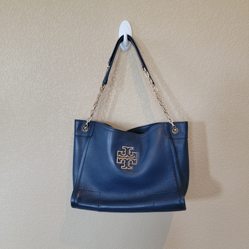 Tory Burch Navy Pebbled Leather Tote with Gold Chain Detail